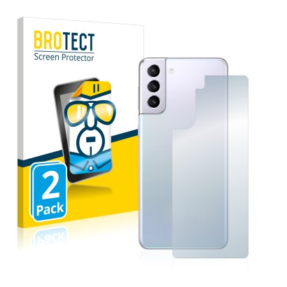 Face avant d’un emballage produit avec le logo de la marque BROTECT. À côté, l’appareil Samsung Galaxy S21 5G (Arrière) est re