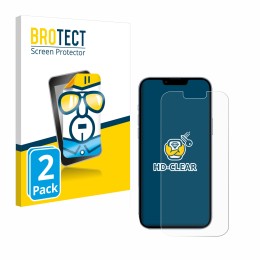 Face avant d’un emballage produit avec le logo de la marque BROTECT. À côté, l’appareil Apple iPhone 13 Pro Max est représenté