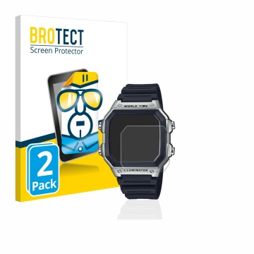 Face avant d’un emballage produit avec le logo de la marque BROTECT. À côté, l’appareil Casio AE-1200WH est représenté avec la