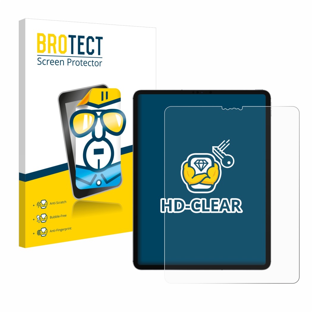 Vorderseite einer Produktverpackung mit dem Markenlogo BROTECT. Daneben ist das Gerät Apple iPad Pro 12.9