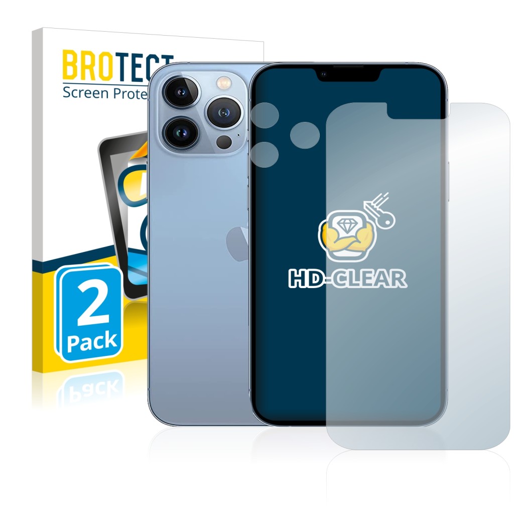 Front side of a product packaging with the brand logo BROTECT. Next to it is the device Apple iPhone 13 Pro Max (Front+Camera)