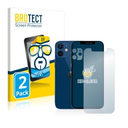 Front side of a product packaging with the brand logo BROTECT. Next to it is the device Apple iPhone 12 (Front+Camera) shown w