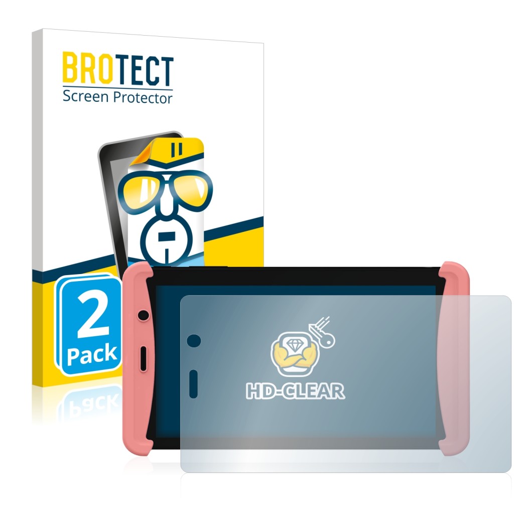 Parte frontal de un envase de producto con el logotipo de la marca BROTECT. Al lado se muestra el dispositivo Kurio Tab Lite 2