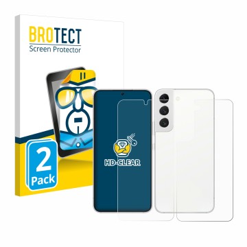 Front side of a product packaging with the brand logo BROTECT. Next to it is the device Samsung Galaxy S22 5G (Front+Back) sho