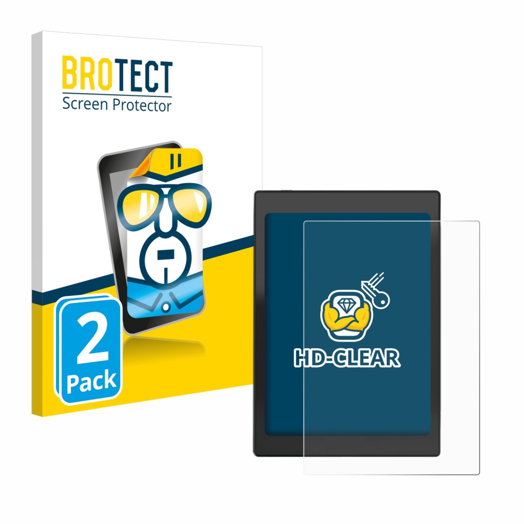 Parte frontal de un envase de producto con el logotipo de la marca BROTECT. Al lado se muestra el dispositivo Boox Nova Air C 