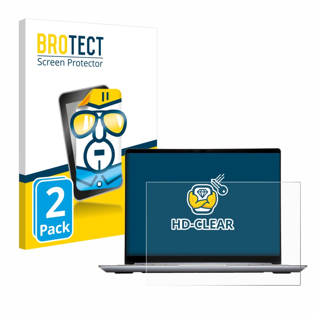 Face avant d’un emballage produit avec le logo de la marque BROTECT. À côté, l’appareil Framework Laptop 13 est représenté ave