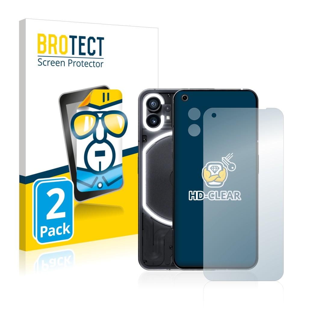 Face avant d’un emballage produit avec le logo de la marque BROTECT. À côté, l’appareil Nothing Phone (1) (Avant+Caméra) est r