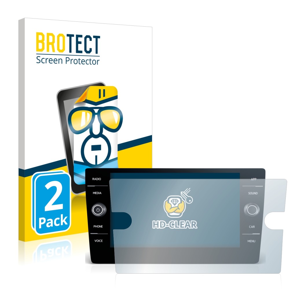 Front side of a product packaging with the brand logo BROTECT. Next to it is the device Volkswagen T-Roc R Line 2022 Discover 