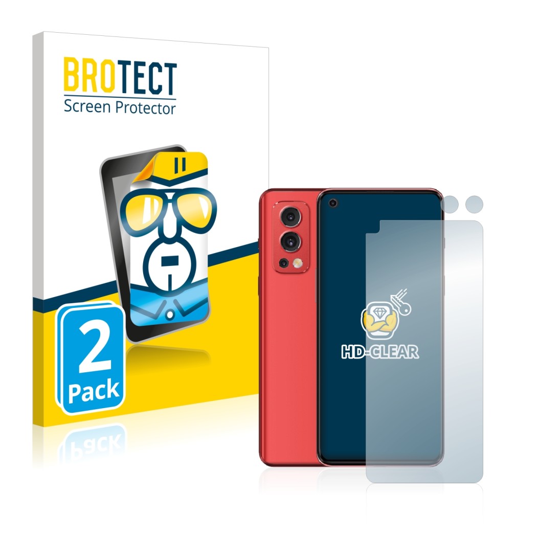 Parte frontal de un envase de producto con el logotipo de la marca BROTECT. Al lado se muestra el dispositivo OnePlus Nord 2 5