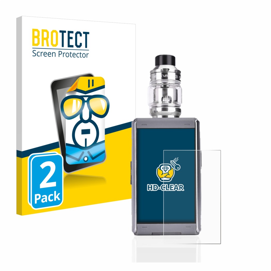 Parte frontal de un envase de producto con el logotipo de la marca BROTECT. Al lado se muestra el dispositivo GeekVape T200 co