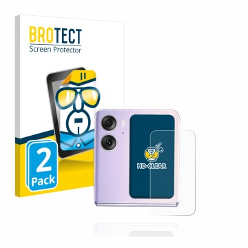 Front side of a product packaging with the brand logo BROTECT. Next to it is the device Oppo Find N2 Flip (Back display) shown