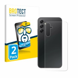 Vorderseite einer Produktverpackung mit dem Markenlogo BROTECT. Daneben ist das Gerät Samsung Galaxy A34 5G (Rückseite) mit de