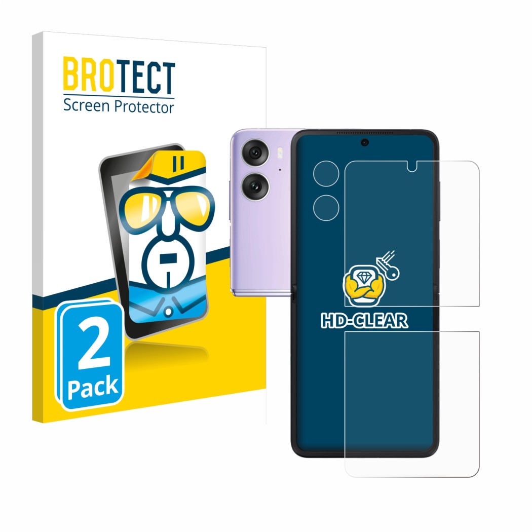 Front side of a product packaging with the brand logo BROTECT. Next to it is the device Oppo Find N2 Flip (Front+Camera) shown