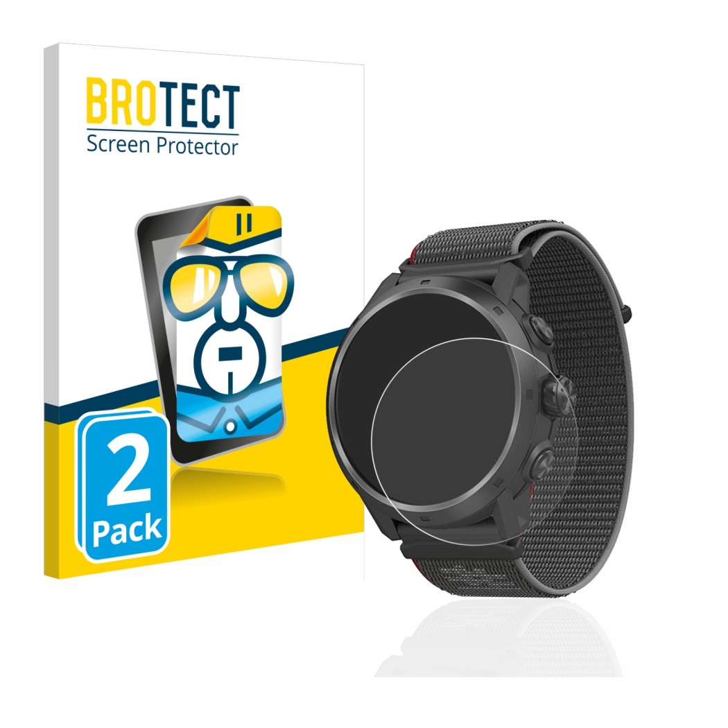 Parte frontal de un envase de producto con el logotipo de la marca BROTECT. Al lado se muestra el dispositivo Coros Apex 2 Pro