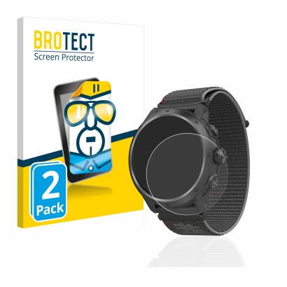 Parte frontal de un envase de producto con el logotipo de la marca BROTECT. Al lado se muestra el dispositivo Coros Apex 2 Pro