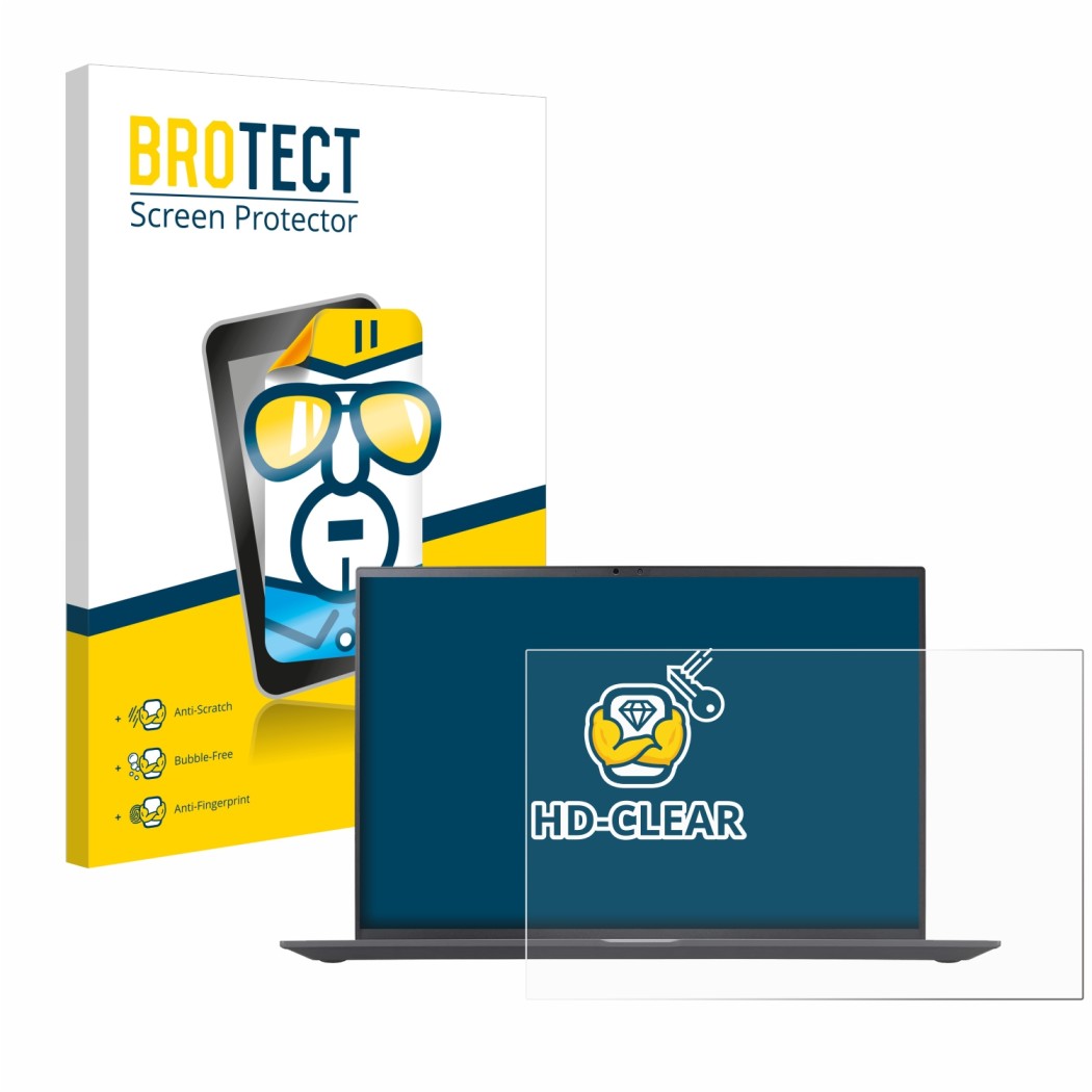 Vorderseite einer Produktverpackung mit dem Markenlogo BROTECT. Daneben ist das Gerät LG gram 16'' 2023 mit dem zugehörigen Di