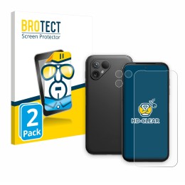 Vorderseite einer Produktverpackung mit dem Markenlogo BROTECT. Daneben ist das Gerät Fairphone 5 (Display+Kamera) mit dem zug