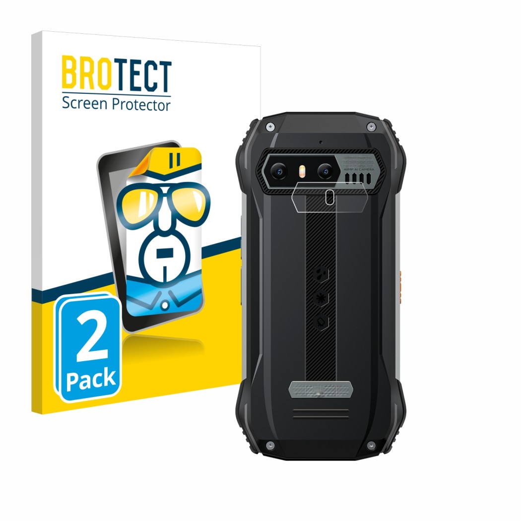 Parte frontal de un envase de producto con el logotipo de la marca BROTECT. Al lado se muestra el dispositivo Blackview N6000 