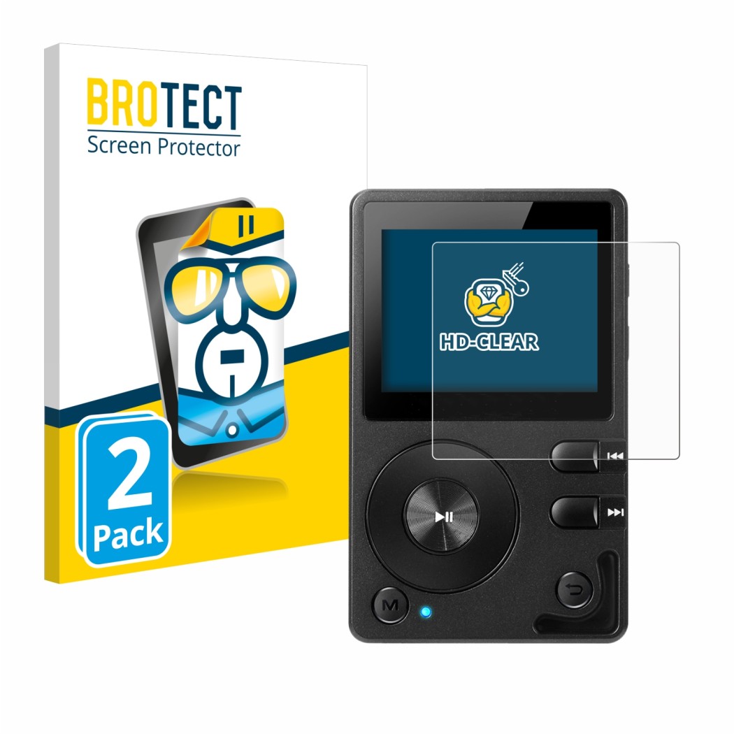 Vorderseite einer Produktverpackung mit dem Markenlogo BROTECT. Daneben ist das Gerät Hifi Walker H2 mit dem zugehörigen Displ