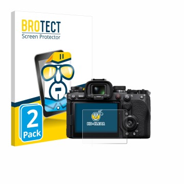 Front side of a product packaging with the brand logo BROTECT. Next to it is the device Sony Alpha 9 III shown with the corres