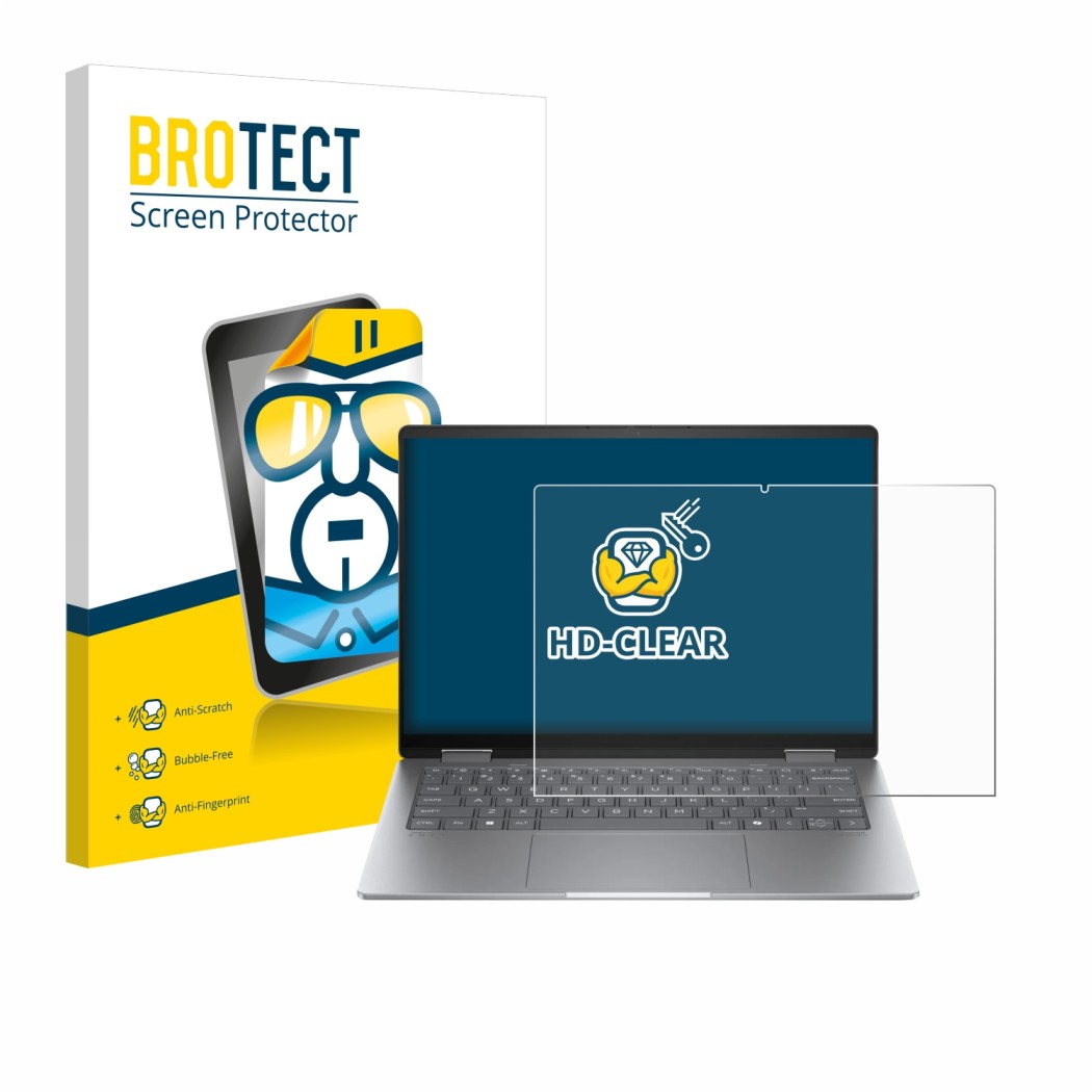 Parte frontale di una confezione del prodotto con il logo del marchio BROTECT. Accanto è raffigurato il dispositivo HP Envy x3