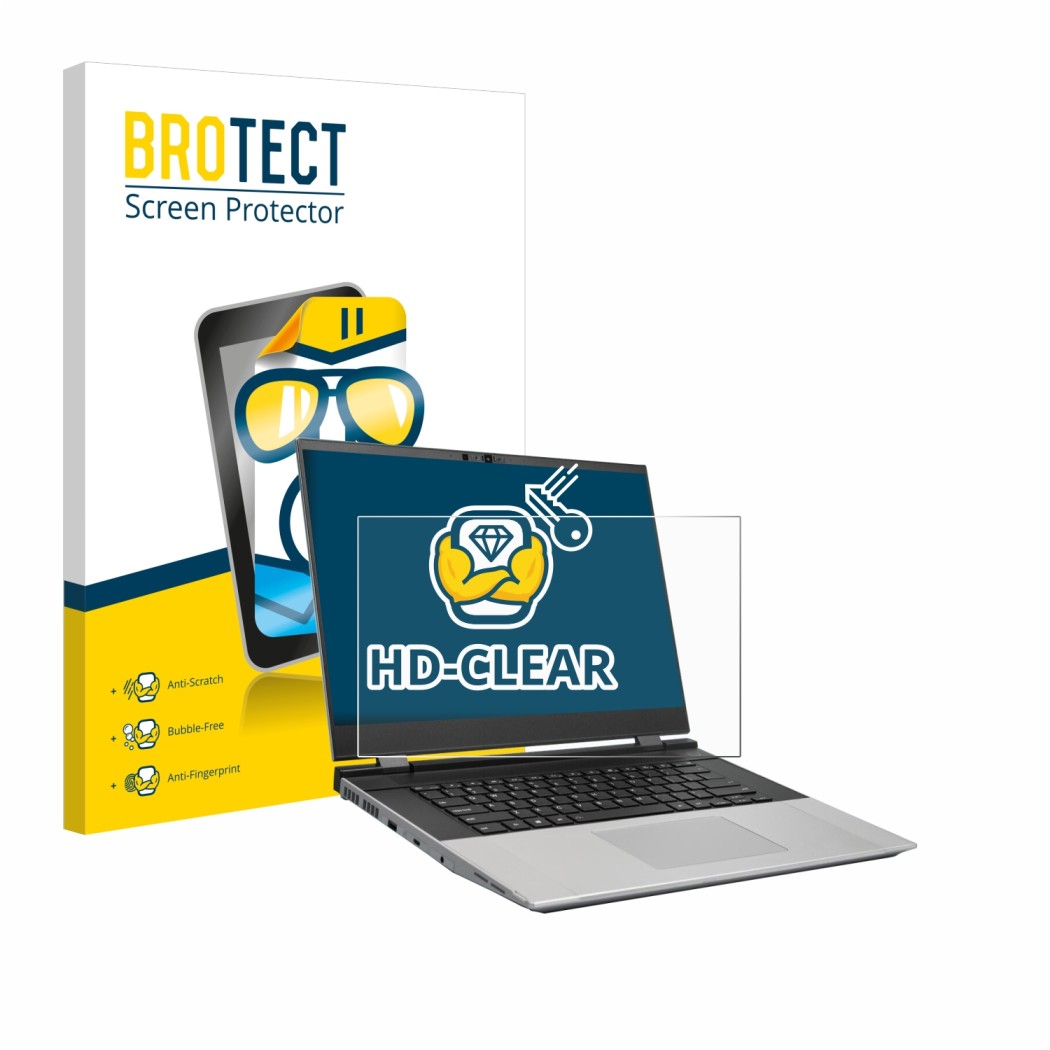 Parte frontale di una confezione del prodotto con il logo del marchio BROTECT. Accanto è raffigurato il dispositivo Framework