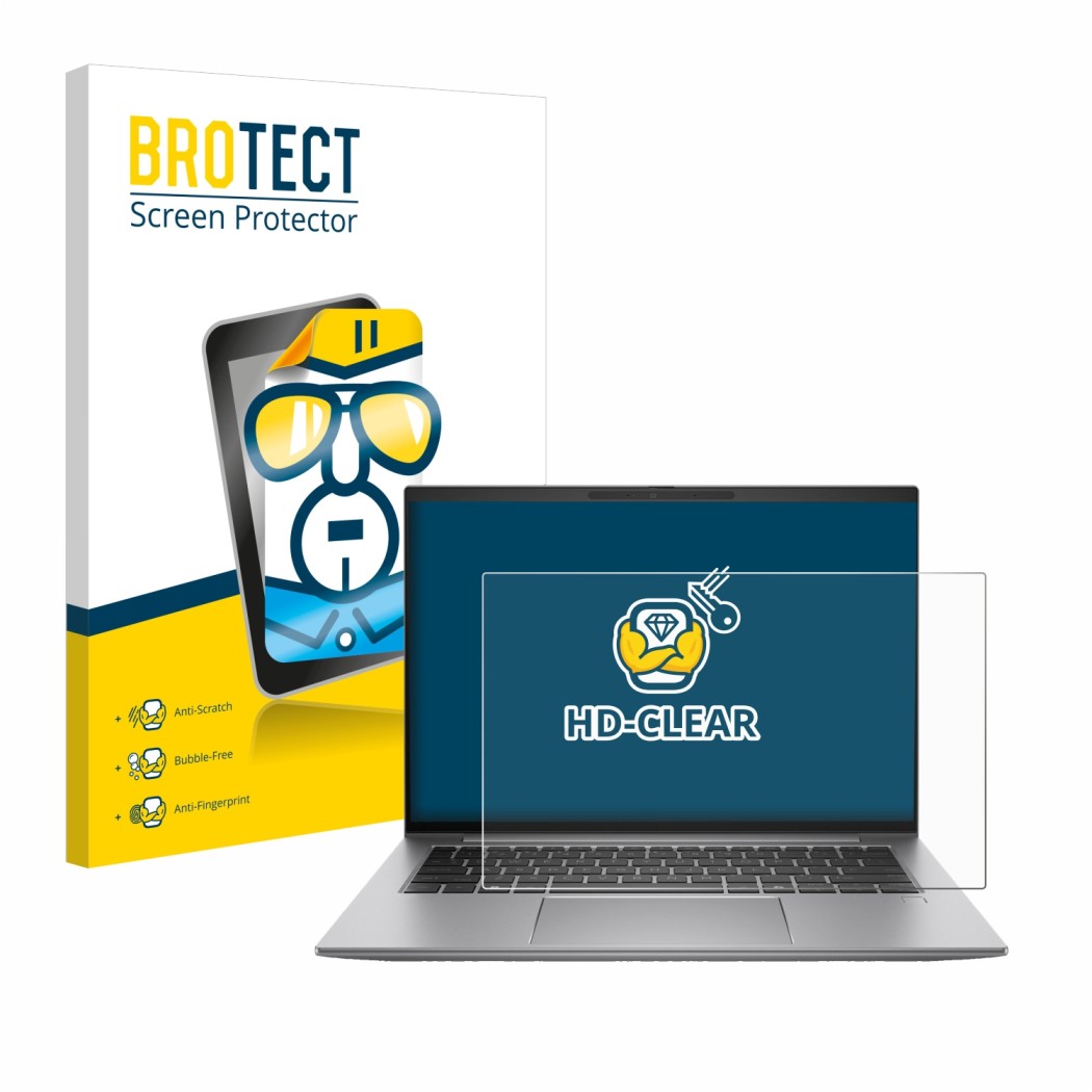 Vorderseite einer Produktverpackung mit dem Markenlogo BROTECT. Daneben ist das Gerät HP Zbook Firefly 14 G11 mit dem zugehöri