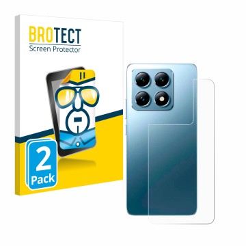 Vorderseite einer Produktverpackung mit dem Markenlogo BROTECT. Daneben ist das Gerät Xiaomi 14T Pro (Rückseite) mit dem zugeh