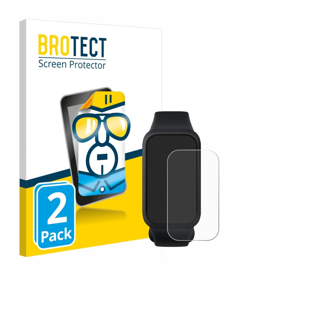 Face avant d’un emballage produit avec le logo de la marque BROTECT. À côté, l’appareil Xiaomi Mi Smart Band 9 Active est repr