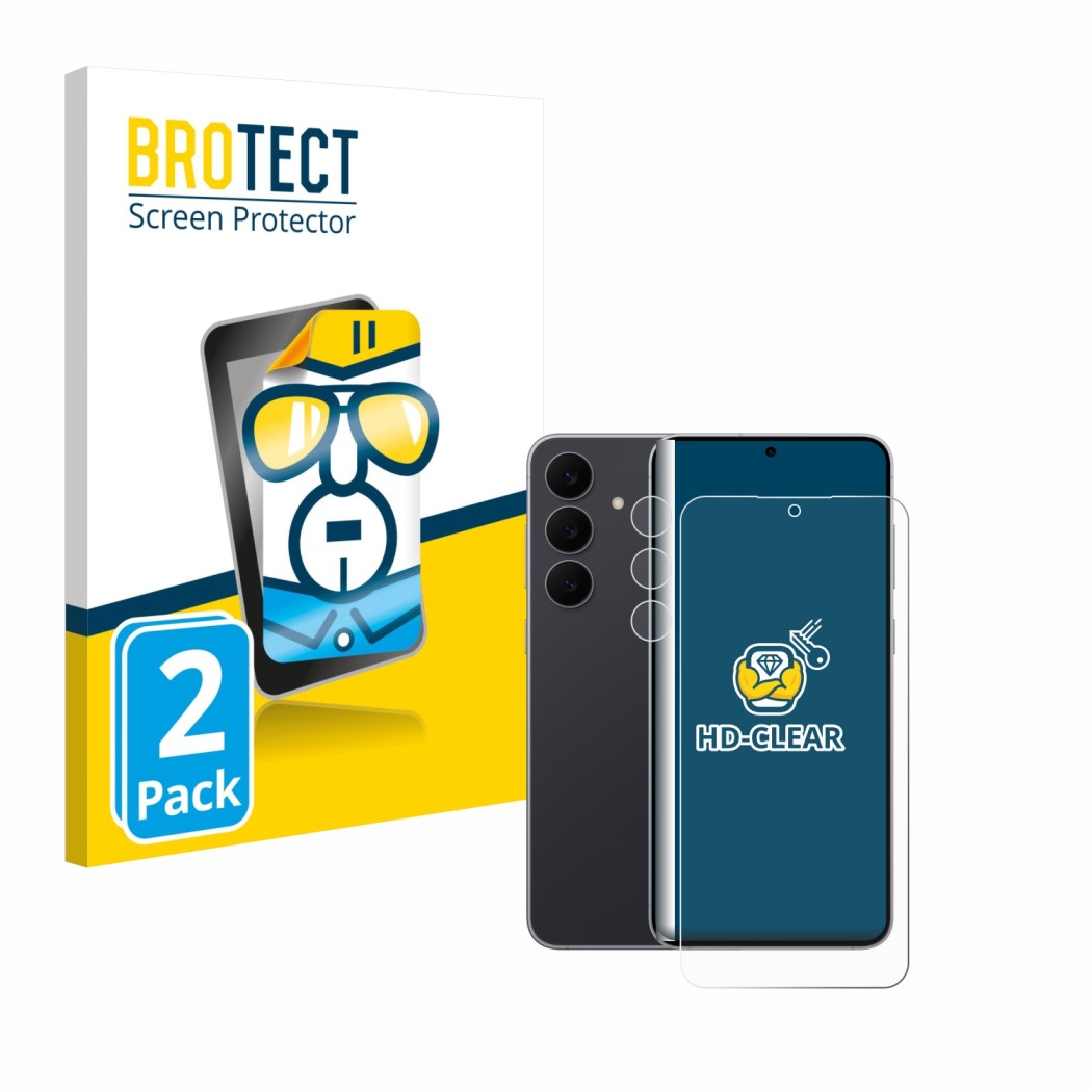 Front side of a product packaging with the brand logo BROTECT. Next to it is the device Samsung Galaxy S25 FE (Front+Camera) s