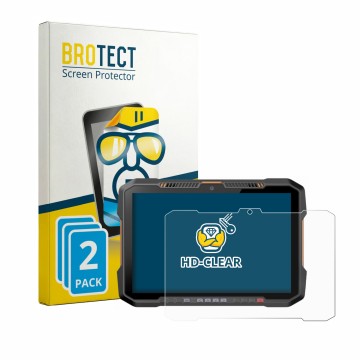 Parte frontal de un envase de producto con el logotipo de la marca BROTECT. Al lado se muestra el dispositivo Newland Speedata