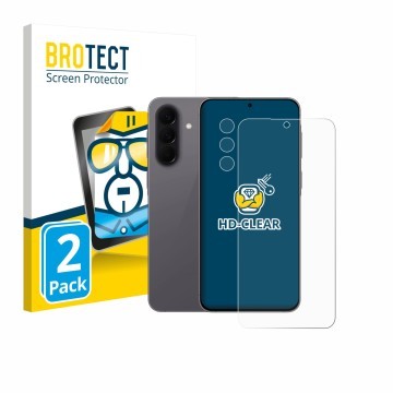 Face avant d’un emballage produit avec le logo de la marque BROTECT. À côté, l’appareil Samsung Galaxy A57 5G (Avant+Caméra) e