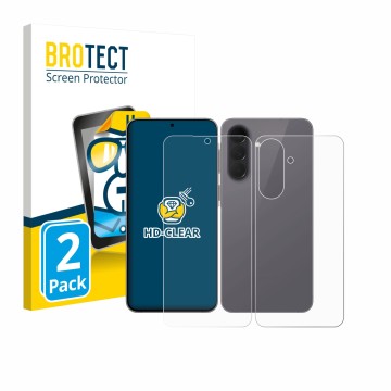 Parte frontal de un envase de producto con el logotipo de la marca BROTECT. Al lado se muestra el dispositivo Samsung Galaxy A