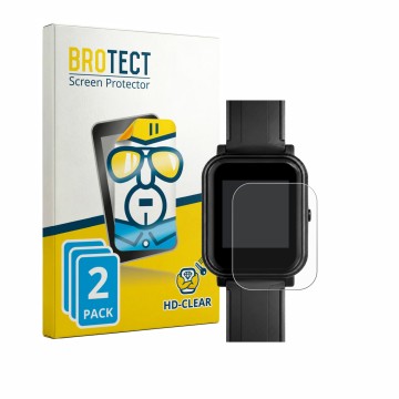 Vorderseite einer Produktverpackung mit dem Markenlogo BROTECT. Daneben ist das Gerät Bangle.js 2 mit dem zugehörigen Displays