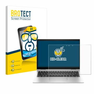 Face avant d’un emballage produit avec le logo de la marque BROTECT. À côté, l’appareil HP Elite x360 830 G10 2-in-1 est repré