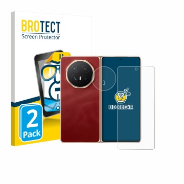 Front side of a product packaging with the brand logo BROTECT. Next to it is the device Honor Magic V6 (Front+Camera) shown wi