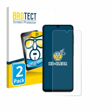 Face avant d’un emballage produit avec le logo de la marque BROTECT. À côté, l’appareil Samsung Galaxy F07 est représenté avec