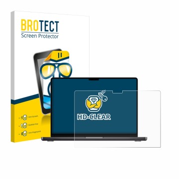 Face avant d’un emballage produit avec le logo de la marque BROTECT. À côté, l’appareil Apple MacBook Pro 14