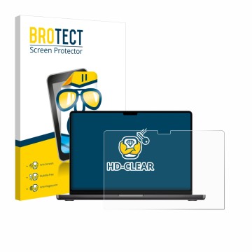 Front side of a product packaging with the brand logo BROTECT. Next to it is the device Apple MacBook Pro 16