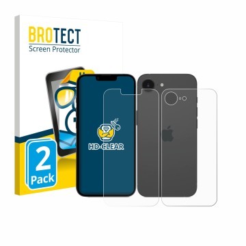 Front side of a product packaging with the brand logo BROTECT. Next to it is the device Apple iPhone 17e (Front+Back) shown wi