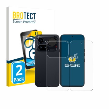 Parte frontale di una confezione del prodotto con il logo del marchio BROTECT. Accanto è raffigurato il dispositivo Nothing Ph