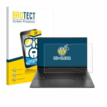 Face avant d’un emballage produit avec le logo de la marque BROTECT. À côté, l’appareil HP Envy x360 Convertible 15,6