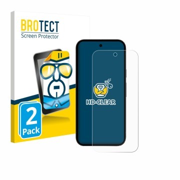 Parte frontal de un envase de producto con el logotipo de la marca BROTECT. Al lado se muestra el dispositivo Google Pixel 10a