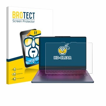 Parte frontal de un envase de producto con el logotipo de la marca BROTECT. Al lado se muestra el dispositivo Lenovo Yoga 9i 2