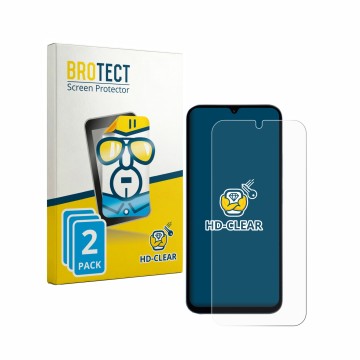 Face avant d’un emballage produit avec le logo de la marque BROTECT. À côté, l’appareil Xiaomi Redmi 15A 5G est représenté ave