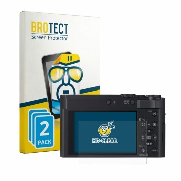 Vorderseite einer Produktverpackung mit dem Markenlogo BROTECT. Daneben ist das Gerät Panasonic Lumix DC-TZ300 mit dem zugehör