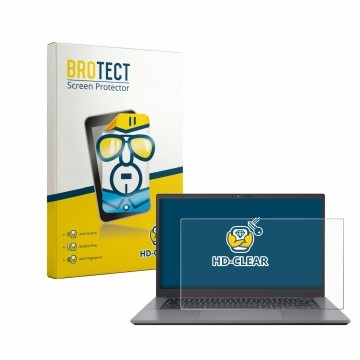 Front side of a product packaging with the brand logo BROTECT. Next to it is the device ASUS Chromebook CX3402 shown with the 