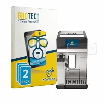 Face avant d’un emballage produit avec le logo de la marque BROTECT. À côté, l’appareil DeLonghi Eletta Ultra 2026 est représe