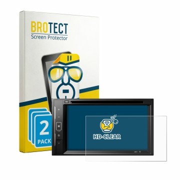 Parte frontal de un envase de producto con el logotipo de la marca BROTECT. Al lado se muestra el dispositivo Pioneer DMH-A240