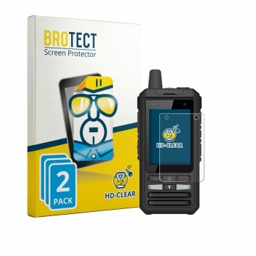 Parte frontal de un envase de producto con el logotipo de la marca BROTECT. Al lado se muestra el dispositivo Uniwa F80S con s